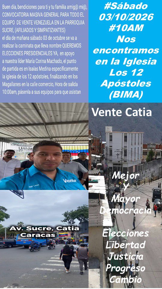 angelcacique's tweet photo. #Sabado #3Octubre2026 #10AM. Caminando #VenteVzla. Iglesia Los 12 Apóstoles. #BIMA Barrio Isaías Medina Angarita. Calle principal, sector Las Torres, #MunicipioLibertador #ParroquiaSucre #Catia #Ccs #Vzla @mceden #Libertad #Elecciones #Cambio @yuraima_so78157 @VenteVenezuela https://t.co/9HiURUygfO