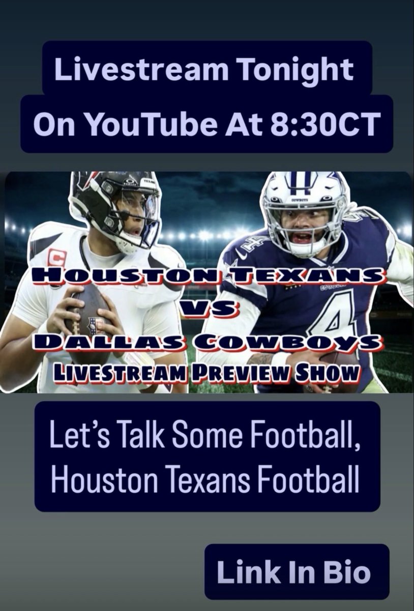 Spitz389Podcast's tweet photo. 🚨Livestream Tonight🚨
Houston Texans vs Dallas Cowboys Livestream Preview Show #HTownMade https://t.co/ViBa8DQfb5