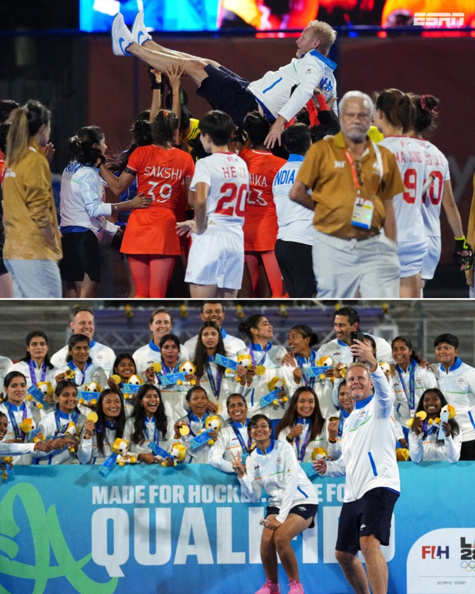utkarshv13's tweet photo. He took India to a historic 4th-place finish at the Tokyo Olympics in 2021. Then came his departure, followed by the team's relegation in the Pro League and failure to qualify for the Paris 2024 Olympics.

And now, with him back at the helm:
• Nations Cup champions
• Historic 5th-place World Cup finish
• Asian Games gold medallists
• Direct Olympic quota for LA 2028

@SjoerdMarijne, you are a hero! 🙇

Somebody please seize his Dutch passport and give him an Indian one.

BEST COACH EVER!!! ❤️🇮🇳