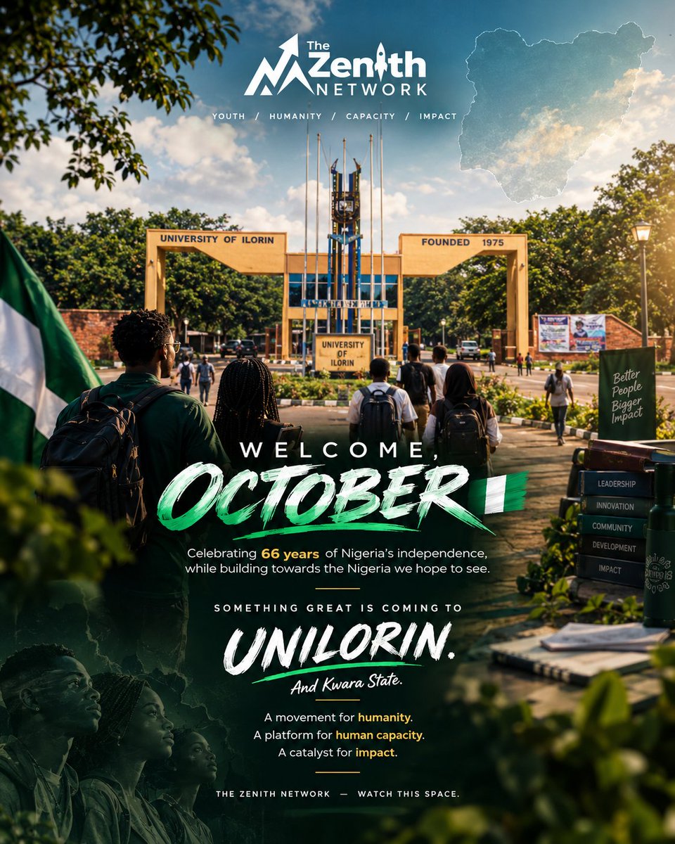 T_ZenithNetwork's tweet photo. October is here. 🇳🇬✨

A new month. A greater purpose.

This October, we’re choosing humanity, capacity and impact.

Something significant is coming to UNILORIN &amp; Kwara State. 👀🚀

Stay connected.

The Zenith Network. Watch this space. https://t.co/w5fwC9hM3a