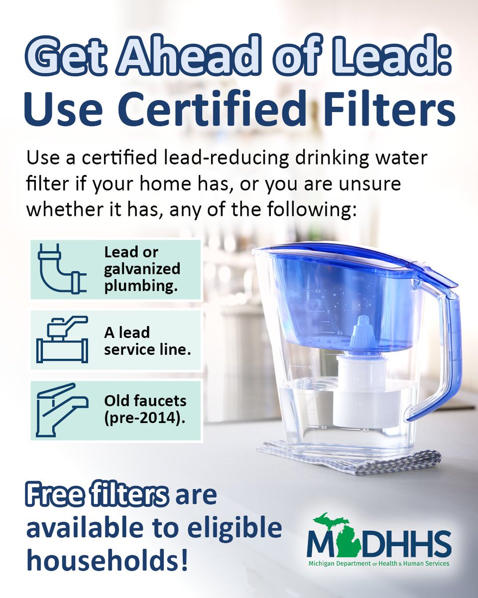 MichiganHHS's tweet photo. Households with children under 19 on Medicaid or a pregnant Medicaid enrollee can receive a free, lead-reducing filter. Visit https://t.co/brRHsMei4I for more information about eligibility and to sign up. https://t.co/S98UqP2ln5