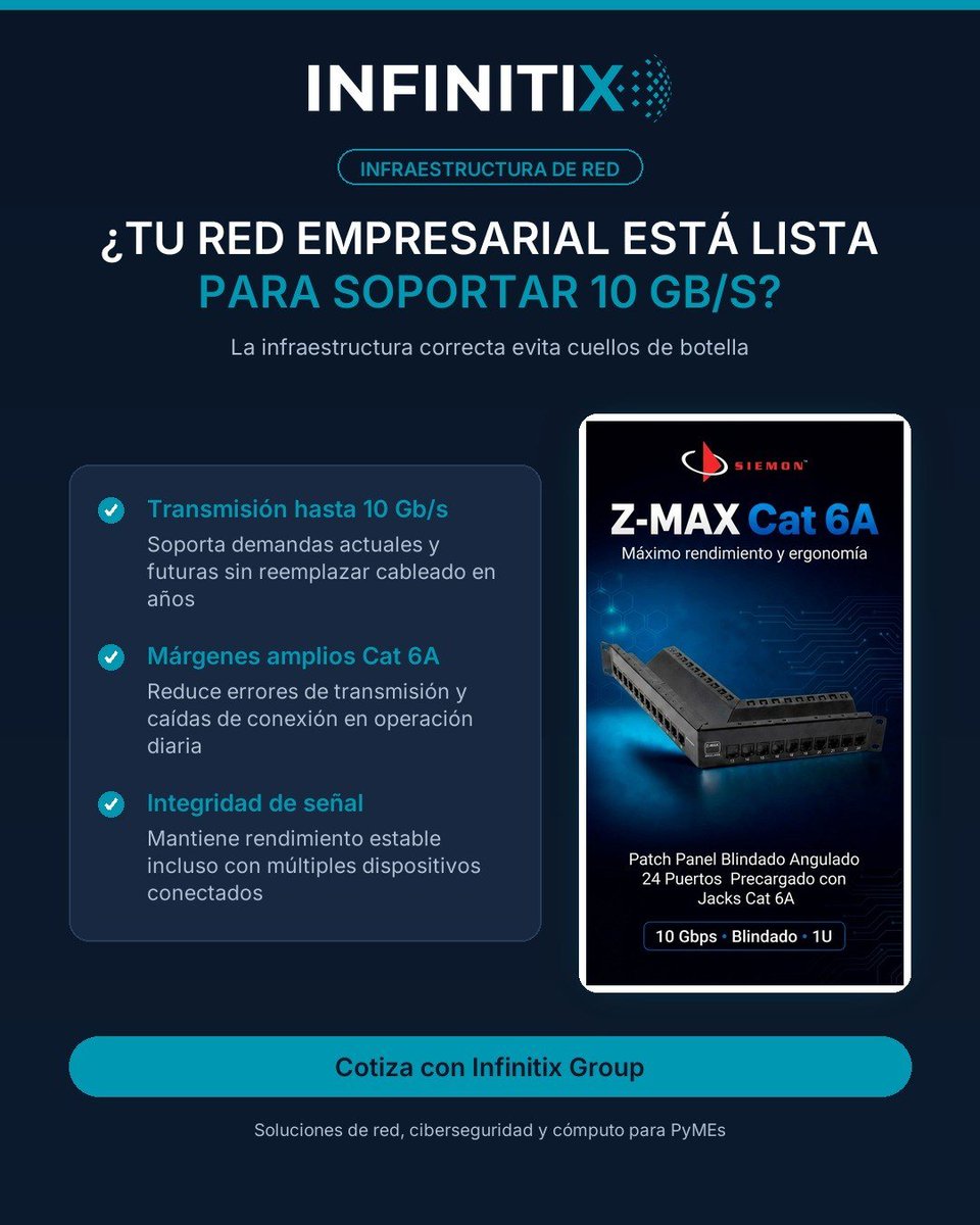 Infinitixgroup's tweet photo. ¿Tu red aguanta 10 Gb/s o ya está al límite? Los patch panels Cat 6A evitan cuellos de botella cuando creces: más dispositivos, más usuarios, sin reemplazar cableado. Inversión que dura años. Cotiza con Infinitix Group #InfraestructuraDeRed https://t.co/Mx0IfslCRe