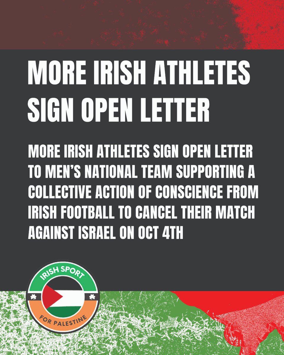 Sport4Palestine's tweet photo. When we launched this open letter it was 160 Irish athlete now it’s 250 supporting the call for a collective action of conscience from the Irish Men’s Senior Football team to #stopthegame. There is still time to do the right thing &amp; cancel the game against Israel #boycottisrael https://t.co/waEvD8cQEF