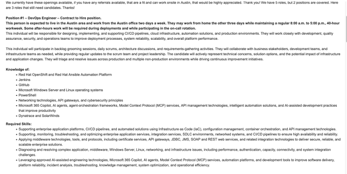 A job listing for a 'DevOps Engineer' position at Austin, requiring skills in Red Hat OpenShift, Ansible, Jenkins, GitHub, Microsoft Windows Server, and Microsoft 365 Copilot.