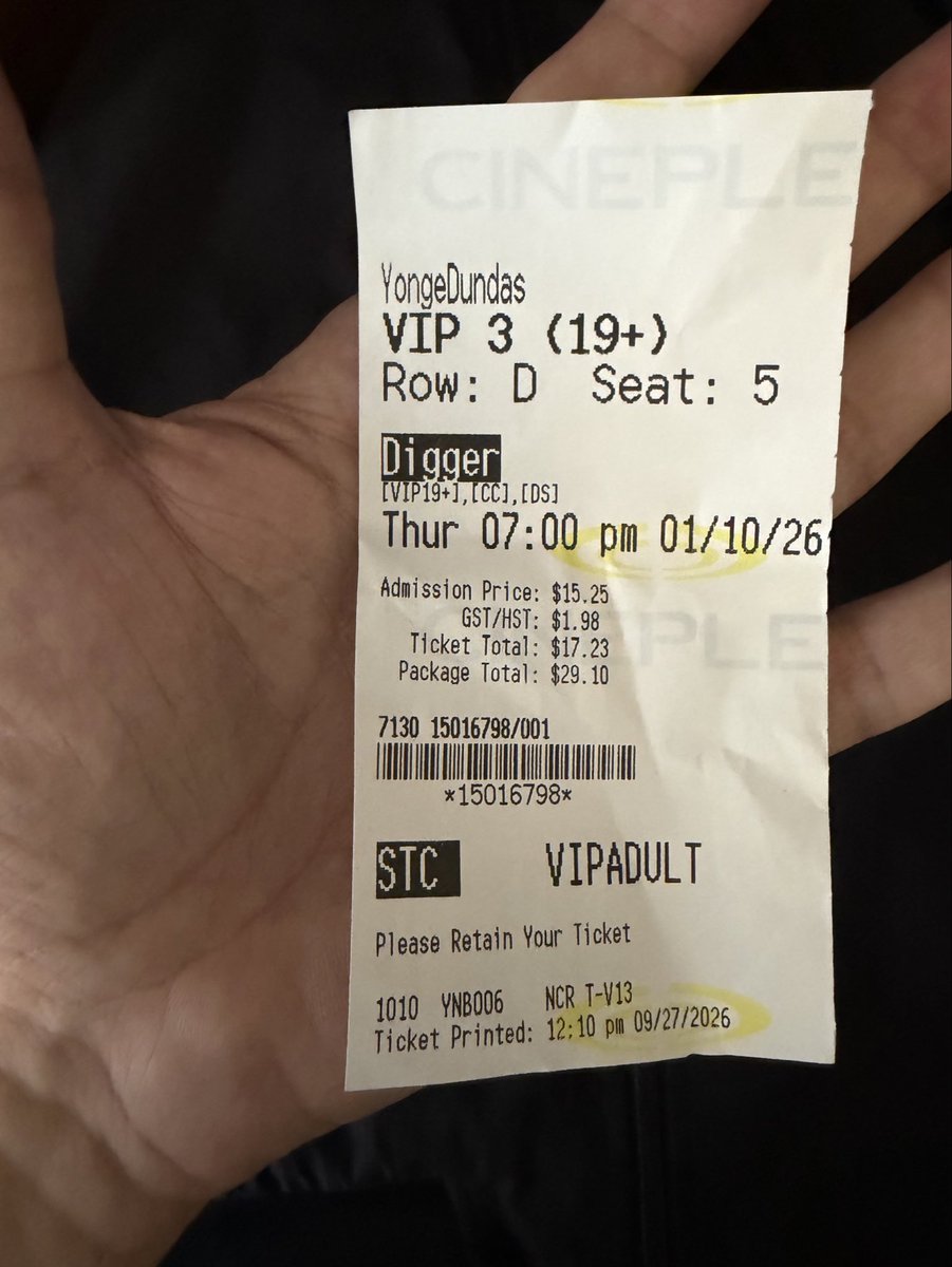 Holdentwd's tweet photo. Last night my Digger VIP movie ticket at Yonge and Dundas CINEPLEX. A black tie event was going on there as well for Paris Fashion Week 2026 at the same time. I recognized when I was leaving to eat at Harvey’s just 1 floor down the same beautiful actress at Toronto Eaton Centre a few people as well. 😊🪏🤠🐱🫶 🇨🇦