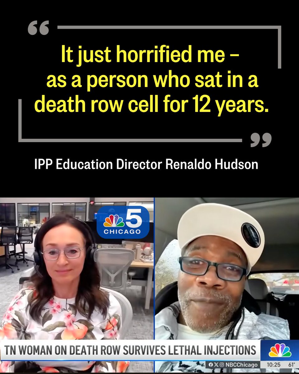 ILPrisonProject's tweet photo. 📺 On NBC-5 News, IPP Education Director Renaldo Hudson shared his horrifying experience of surviving 12 years on IL Death Row. He now works to center the voices and experiences of system-impacted people in the fight against death penalty &amp; incarceration
 https://t.co/vJ2mVW3tQy https://t.co/StvXYPIQLY