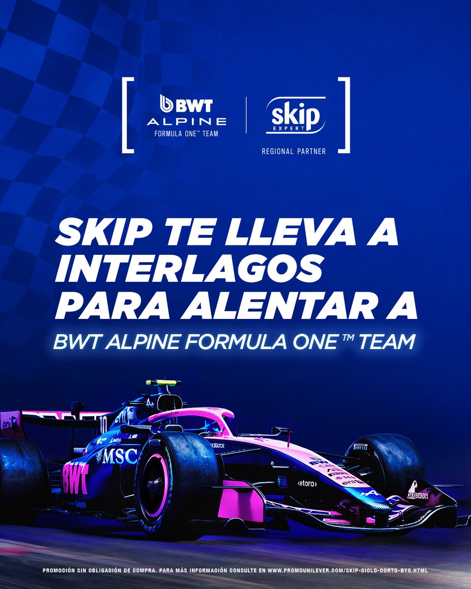 Skipargentina's tweet photo. 🏁🇧🇷 Skip te lleva a Interlagos para alentar a BWT Alpine Formula One™ Team.

Conseguí tu Skip Ciclo Corto, cargá el número de lote en el link de nuestra bio y participá por un viaje a Brasil para vos y un acompañante.

Tenés tiempo hasta el 19 de octubre para participar. https://t.co/GuJympuVpp