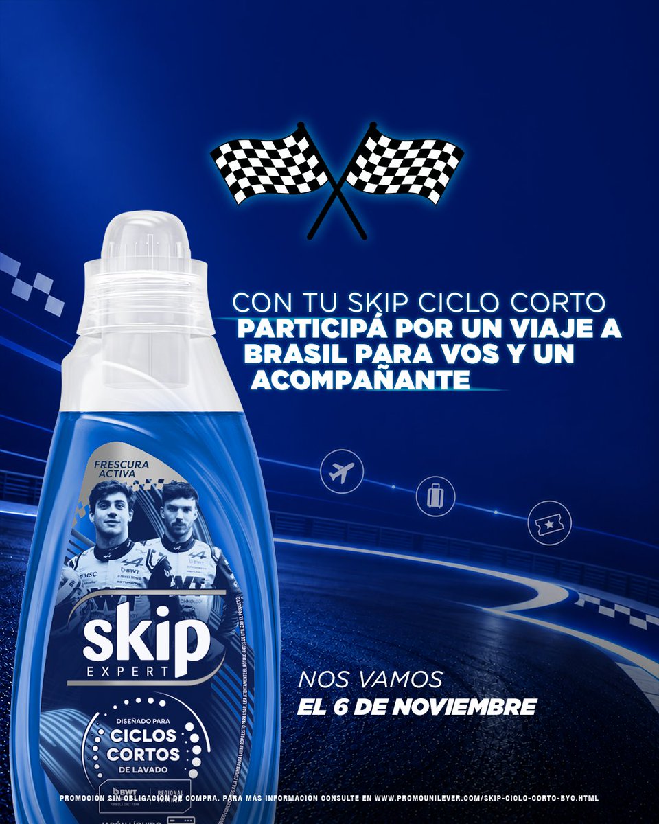 Skipargentina's tweet photo. 🏁🇧🇷 Skip te lleva a Interlagos para alentar a BWT Alpine Formula One™ Team.

Conseguí tu Skip Ciclo Corto, cargá el número de lote en el link de nuestra bio y participá por un viaje a Brasil para vos y un acompañante.

Tenés tiempo hasta el 19 de octubre para participar. https://t.co/GuJympuVpp