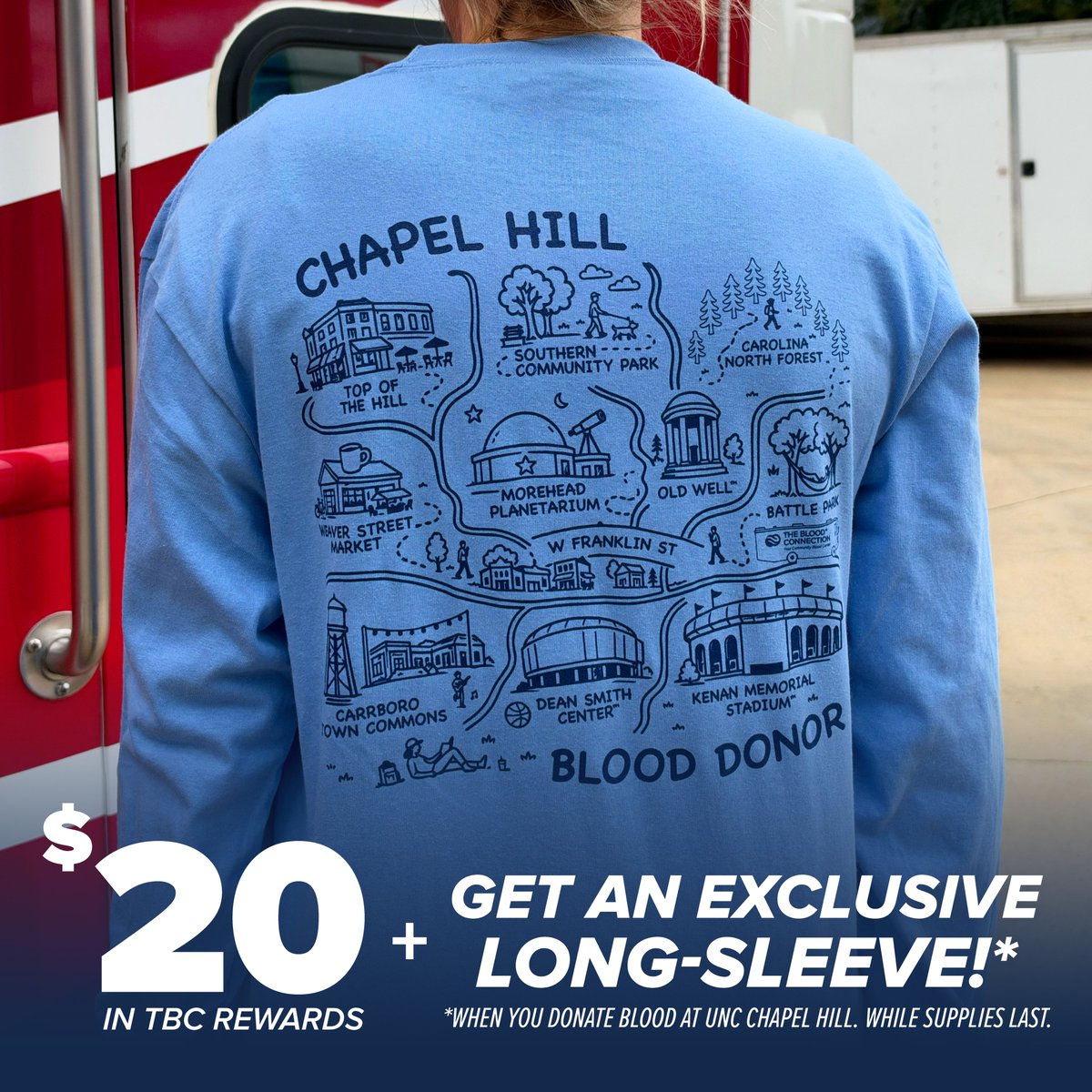 BloodConnection's tweet photo. Today’s the day! Give blood at UNC today 
(10/8) and earn $20 TBC Rewards + an exclusive Long-Sleeve*.

📌Morehead Planetarium
📌Adams School of Dentistry
📌Frank Porter Student Union - Inside
📌Frank Porter Student Union - Outside

*while supplies last

🔗https://t.co/wyAyBkfvna https://t.co/9PDHk0k9hv