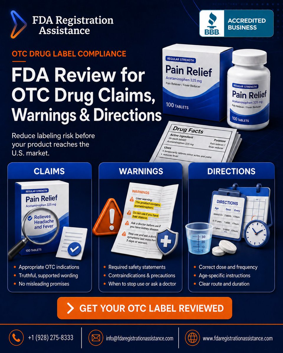 fda_assistance's tweet photo. 💊OTC Labeling matters.
Claims, warnings &amp; directions can create FDA compliance risk when they’re incomplete or misleading.
Get your OTC drug label reviewed before entering the U.S. market.

🌐 https://t.co/uMEApqcRNh
#FDA #OTCDrugs #DrugLabeling #USMarket #Compliance https://t.co/IdE46W7iQH