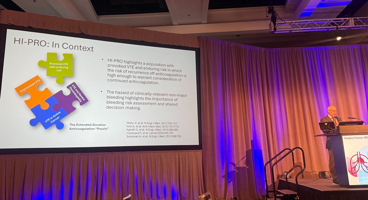 PERTConsortium's tweet photo. In the Top PE Papers session, Dr. @GregoryPiazza4 presents the results of the exciting #HIPRO trial, showing that low-dose apixaban reduced the rate of recurrent VTE at 12 months in patients with provoked VTE #pert2026 https://t.co/iqrifuQ4JO