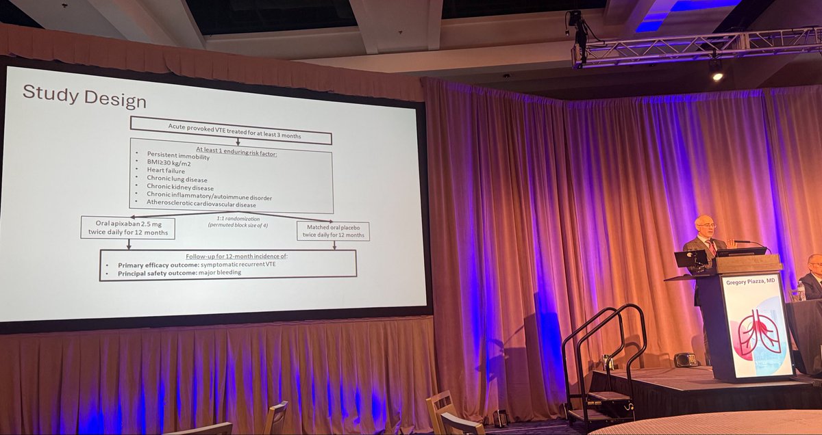 PERTConsortium's tweet photo. In the Top PE Papers session, Dr. @GregoryPiazza4 presents the results of the exciting #HIPRO trial, showing that low-dose apixaban reduced the rate of recurrent VTE at 12 months in patients with provoked VTE #pert2026 https://t.co/iqrifuQ4JO
