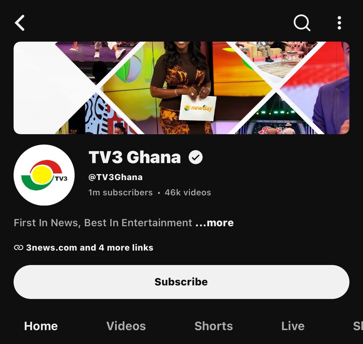 Esinkumabakofi's tweet photo. @ChristDeKing TV3 has more subscribers on YouTube than the self acclaimed biggest new media outlet in Ghana.
Nb: TV3 doesn’t ask viewers to subscribe to their channel. 
Don’t disrespect traditional media.
You can brag about company without disrespecting the other https://t.co/MtLbCHVKAN