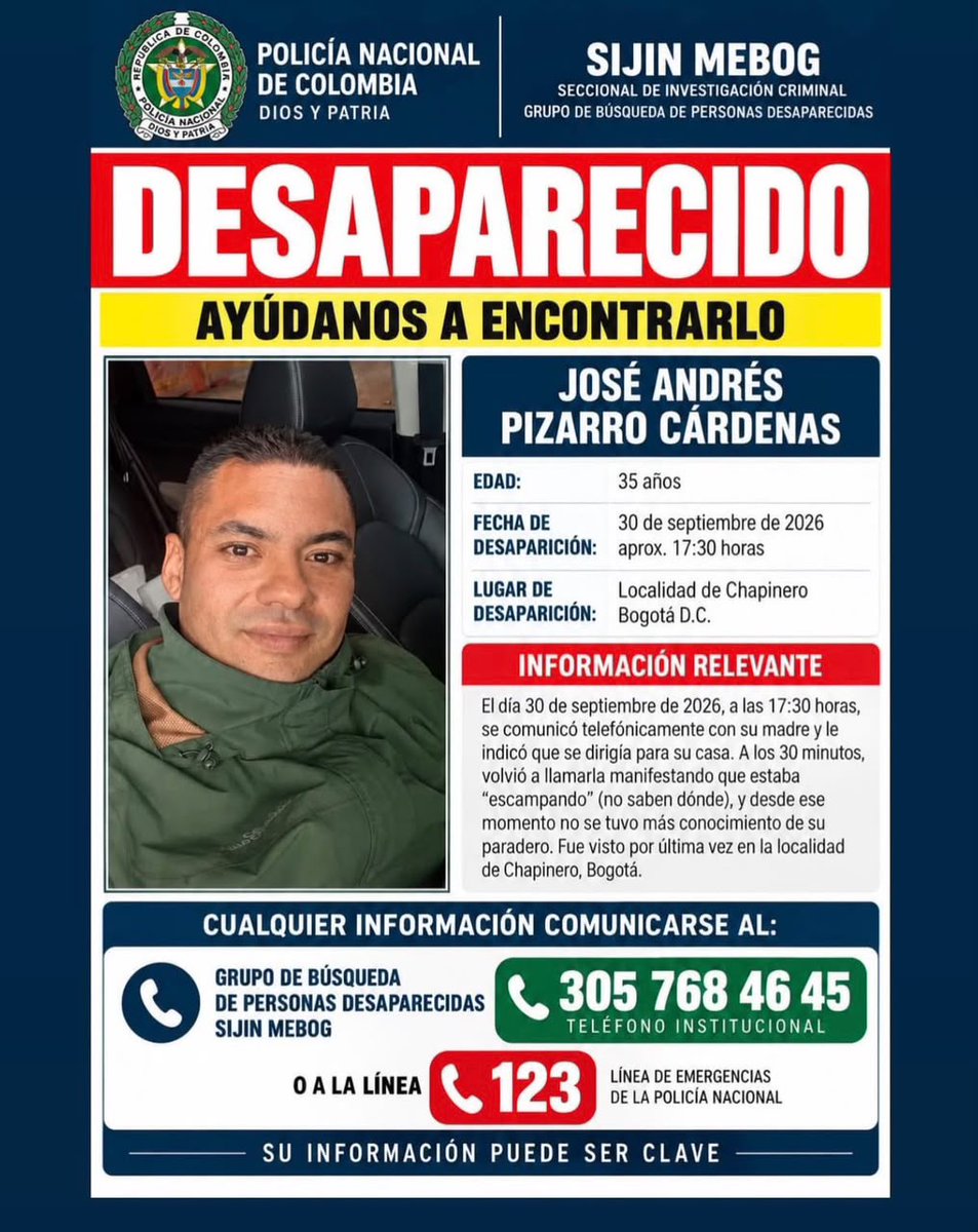 UltimaHoraCR's tweet photo. #Bogotá | Las autoridades en Bogotá buscan a José Andrés Pizarro Cárdenas. Un hombre de 35 años que fue visto por última vez el pasado 30 de septiembre en la localidad de Chapinero. 

https://t.co/qRQodC5OyZ https://t.co/LFu13keHMZ