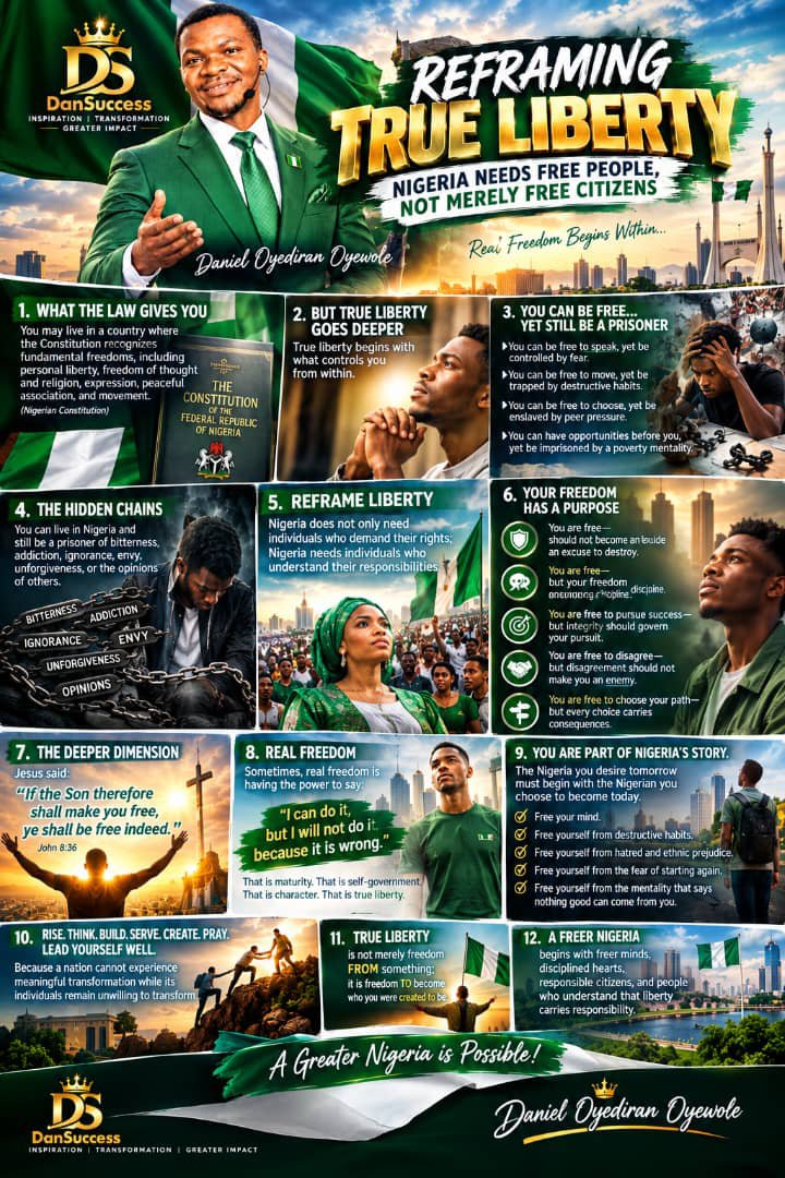 Dansuccess815's tweet photo. This is Real Liberty! Having The Right Knowledge and Putting it to Action.

#DanSuccess # DanielOyediranOyewole 
#ReframingTrueLiberty #TrueLiberty #Nigeria #NigeriaAt66 #FreeYourMind #PersonalResponsibility #Character #NationBuilding #Purpose #Leadership #FaithAndFreedom https://t.co/k9Op146x8N