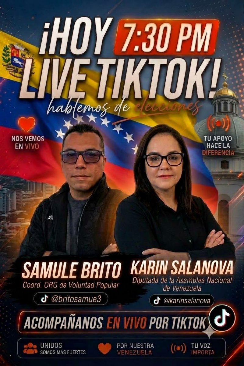 karinsalanova's tweet photo. ¡HOY estamos en vivo! 🇻🇪🗳️
Acompáñanos esta noche a las 7:30 PM en nuestro LIVE por TikTok para hablar abiertamente sobre elecciones, análisis político y el futuro de nuestra Venezuela. https://t.co/3sTDV23M3J