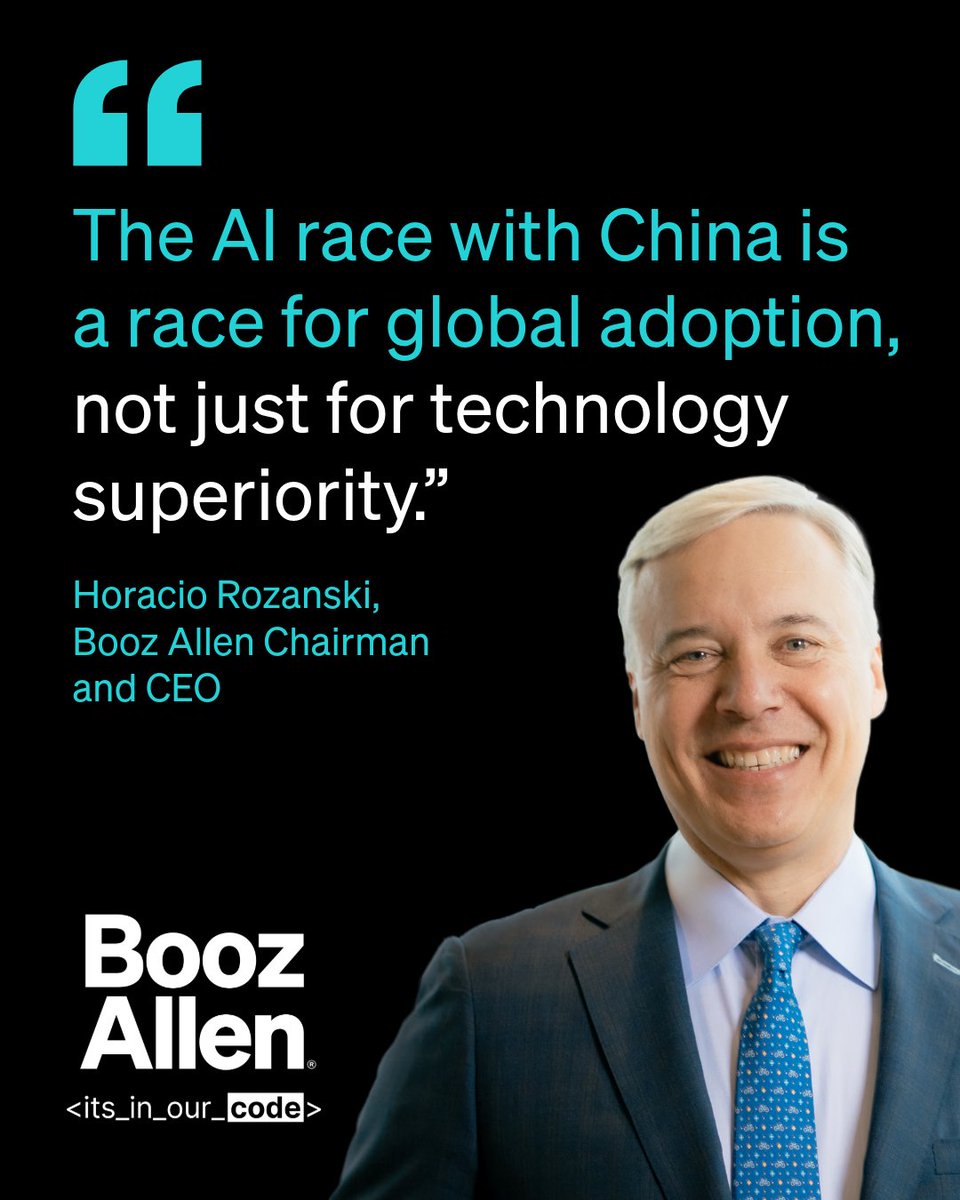BoozAllen's tweet photo. The global AI race will ultimately be decided by one question: Whose technology will the world choose to use?
 
In a new op-ed, Booz Allen Chairman and CEO Horacio Rozanski argues that AI competition with China is a global adoption race that must be won on three fronts: innovation, cost, and trust, and he proposes three ways to build on the President's AI Action Plan to keep America in the lead.
 
Read Horacio’s op-ed: https://t.co/22YFedD8wp