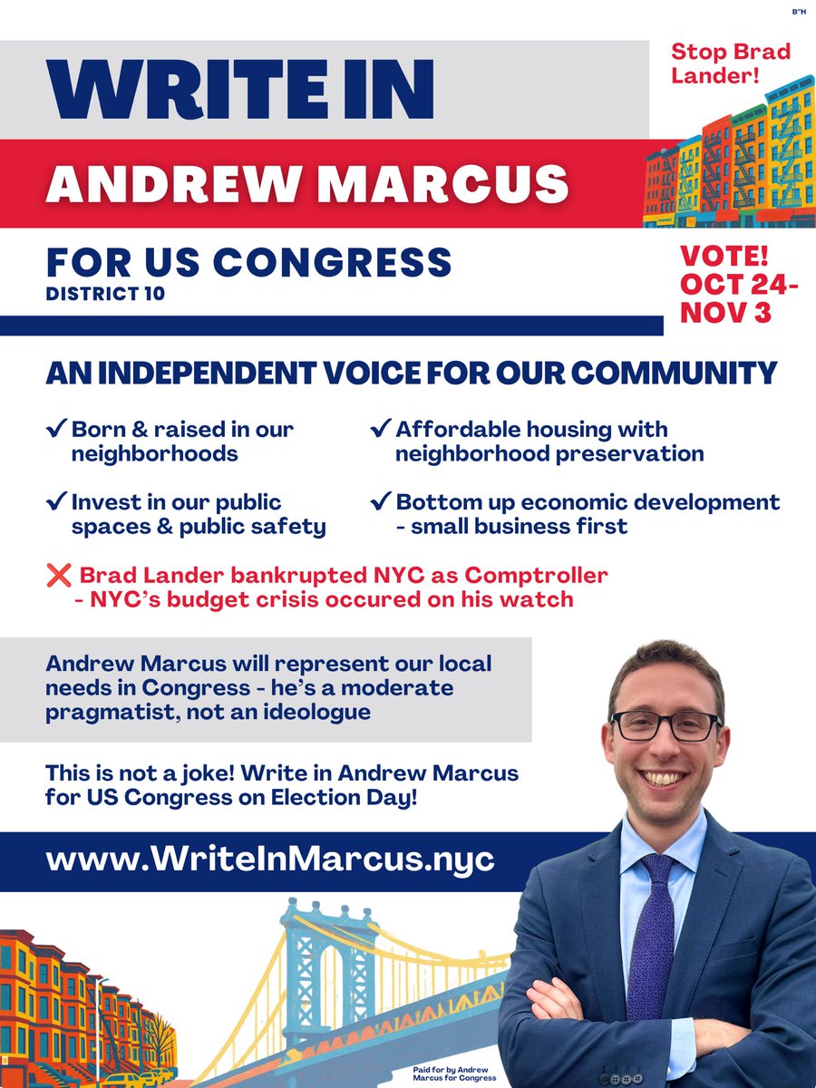 ChouaIsaac's tweet photo. My friend Andrew Marcus is running as a write-in candidate for Congress in NY-10, and one thing I can say from knowing him for years is that Andrew shows up.

🔗 https://t.co/m4FAwSaVVG

He shows up for the actual community. For fairs and festivals. For neighborhood institutions. For research and preservation projects documenting the history of the Lower East Side. For small businesses, parks, public spaces, and the thousand little things that actually keep a community alive.

And this isn't something he suddenly discovered because he's running for office. Andrew has spent years in public service, from City Hall to urban planning and economic development, with more than a decade of work focused on strengthening small businesses and neighborhoods across New York City.

I've watched him do this work long before he was running for Congress.

New York doesn't need every local issue turned into a stage for whatever global political fight is dominating the news that week. Sometimes public service means knowing the neighborhoods you want to represent, caring whether the park down the street is taken care of, helping a small institution survive, and preserving the history and character of the communities that make this city what it is.

Andrew has spent years doing exactly that.

He's running as a write-in in NY-10, challenging Democratic nominee Brad Lander, a former longtime DSA member.

If you're in NY-10, take a look at Andrew's record and what he's running on. And if you're outside the district but know people who live there, share the link so they can see his message and decide for themselves.