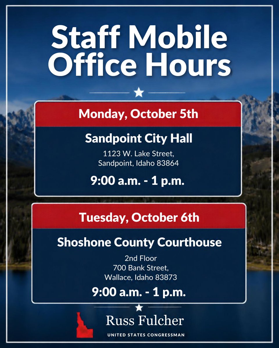 RepRussFulcher's tweet photo. Introducing Staff Mobile Office Hours!

Our office understands the importance of constituent services and is committed to helping Idahoans navigate issues with federal agencies. Through our casework, we have helped return $26,414,108 to Idahoans across the First District.

My staff will be at Sandpoint City Hall and the Shoshone County Courthouse to assist Idahoans with federal agency issues.