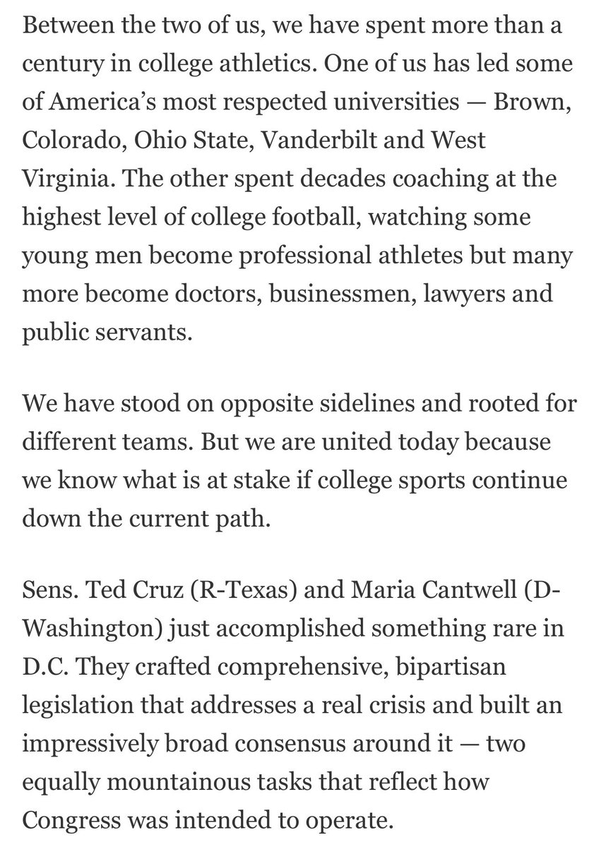 SenTedCruz's tweet photo. Coach Saban and President Gee are exactly right.

College sports is one of America’s great institutions. It has given generations of young men and women the chance to compete, earn an education, represent their communities, and be part of something bigger than themselves.

That tradition is worth protecting. I’m grateful to Coach Saban and President Gee for making the case so powerfully.

The Senate did its job. Now the House should act and send the Protect College Sports Act to President Trump’s desk.