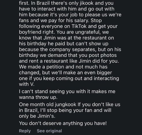 tkkslore's tweet photo. jikookers harassing jungkook in comments section of his latest instagram post just bc he dgaf abt that coworker and now they’re throwing shades at him, dragging him and doing mental gymnastics. we been saying they are all jm stans who just want jk as their mimi’s bodyguard https://t.co/BKeDV80JfN