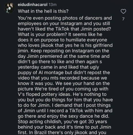tkkslore's tweet photo. jikookers harassing jungkook in comments section of his latest instagram post just bc he dgaf abt that coworker and now they’re throwing shades at him, dragging him and doing mental gymnastics. we been saying they are all jm stans who just want jk as their mimi’s bodyguard https://t.co/BKeDV80JfN