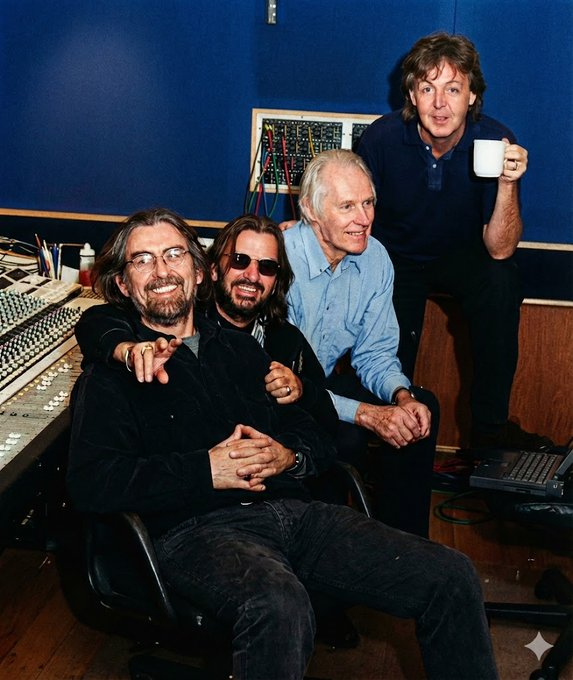 BeatlesArchive2's tweet photo. George Harrison, Ringo Starr, George Martin and Paul McCartney reunite at Abbey Road Studios for the The #Beatles Anthology project in 1994. Colorized photo via @MTschirk https://t.co/fPoVhdgjzs