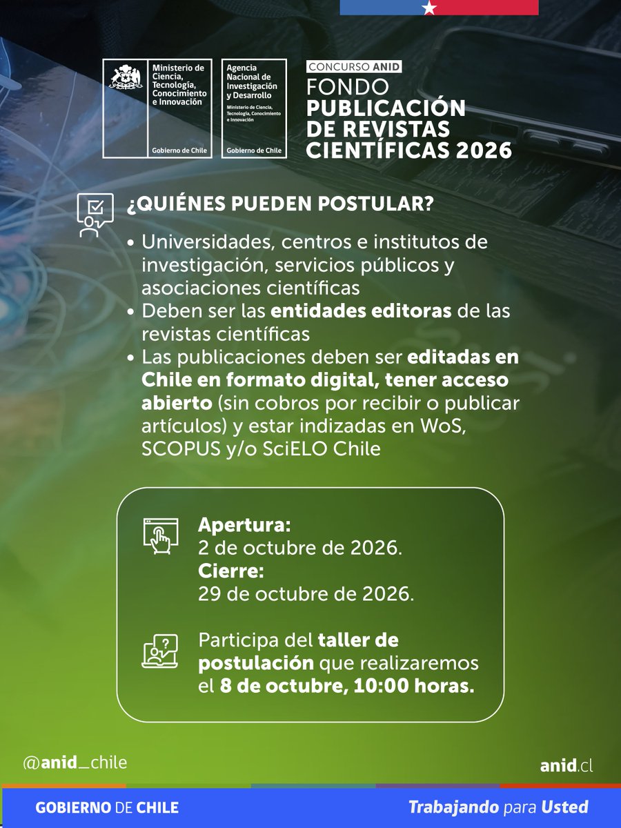 ANID_Chile's tweet photo. Ya abrimos la convocatoria al Fondo de Publicación de Revistas Científicas 2026, que financia proyectos para fortalecer las competencias de esos equipos y mejorar las infraestructuras digitales que soportan sus publicaciones, alineando su gestión con los principios de la ciencia abierta.

Esta convocatoria financia desde la definición de marcos reglamentarios institucionales y planes de desarrollo editorial, hasta la gestión de infraestructuras digitales abiertas, como la actualización de OJS o la participación en consorcios como ORCID y DataCite.

Revisa las bases en https://t.co/N8LPj8POsM.