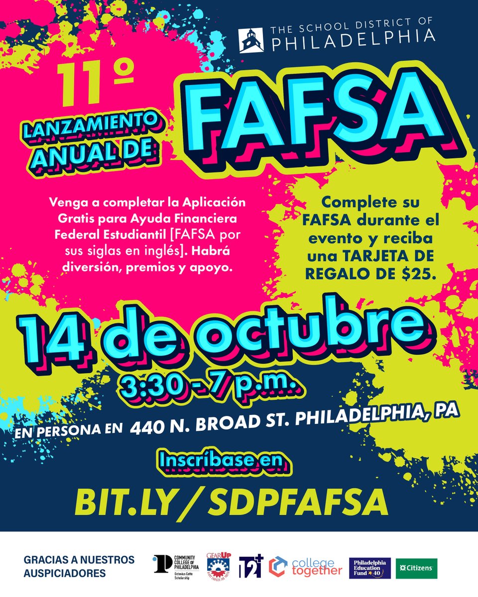 PHLschools's tweet photo. 🎓Join us for our 11th Annual FAFSA Event on October 14 from 3:30–7 p.m. at 440 N. Broad St.

Get support completing your FAFSA, enjoy fun and prizes, and receive a $25 gift card when you complete your FAFSA at the event!

👉 Register: https://t.co/zBrAXb2JlX

#PHLed https://t.co/h6BKGiQ4Vf