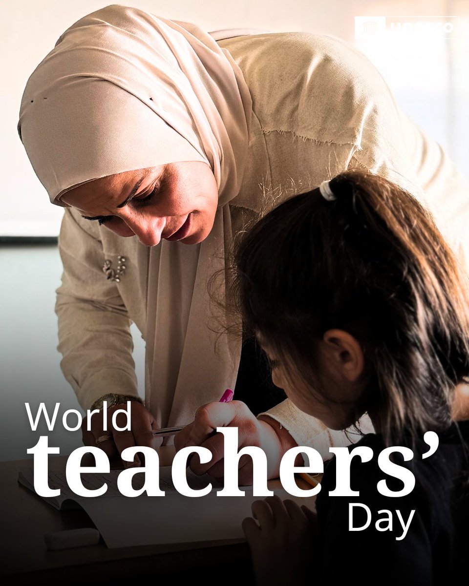 UN's tweet photo. Monday is #WorldTeachersDay!

Thank you to all educators around the world for their unwavering dedication to future generations.

Join @UNESCO in celebrating teachers worldwide: https://t.co/62BvQEzXi9 https://t.co/zuaF5RMz4a