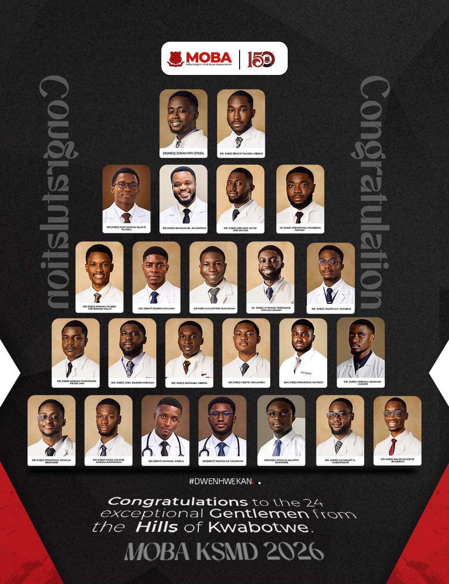 mobafraternity's tweet photo. 24 MOBA gentlemen. One incredible milestone! 🩺🔴⚫️

From Kwabotwe to KNUST Medical School, you’ve conquered the hills and earned your place in the medical profession. The entire MOBA fraternity celebrates you. Go forth and serve humanity with the Mfantsipim standard! https://t.co/Hvc95FGx6N