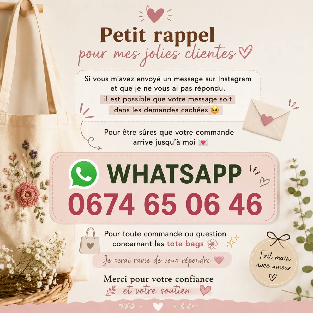 supersedam's tweet photo. A quick reminder for my lovely customers: if you sent me a message on Instagram and I haven’t replied, it may be in hidden requests. For orders or tote bag questions, contact me on WhatsApp: 0674650646. Thank you for your trust and support. https://t.co/0w9rr6EYET