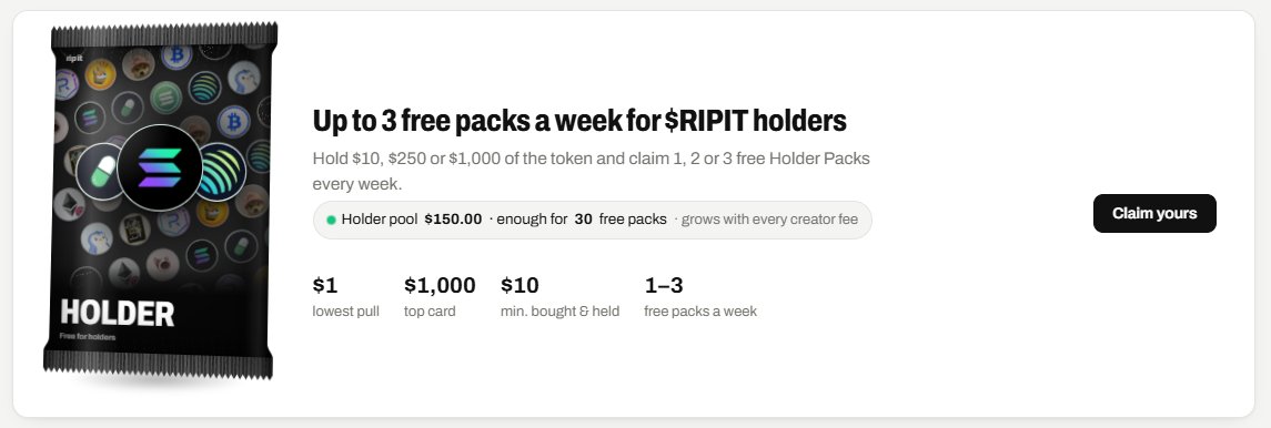 RipItSol's tweet photo. Open card packs with tokenized stocks, blue chip memes, new pairs, shitcoins and more. 

Pull up to $5,000. 

Holders claim up to 3 free packs every week! All you need to do is hold $10 worth of $RIPIT  and claim your free packs immediately!

https://t.co/LoPRRsWdfT https://t.co/rzLKU7KR9c