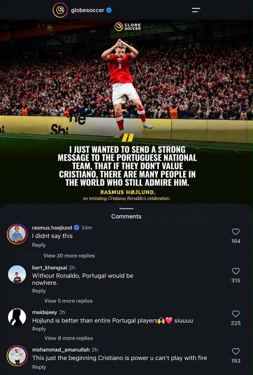 Tobs_fc's tweet photo. Globe award soccer wanted to use Hojlund’s name for fake quote. Look at how Ramus Hojlund responded to them. 

Ronaldo has been embarrassed again. 😭😭 https://t.co/fC8B4A8iSY