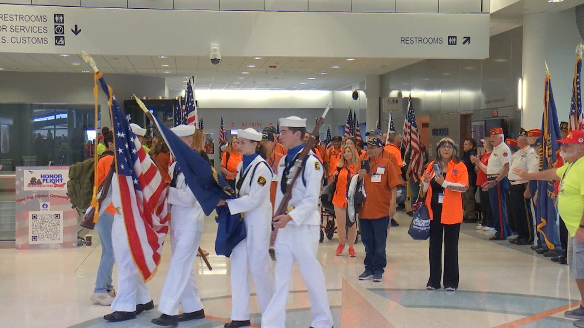 news10nbc's tweet photo. Honor Flight Rochester is taking to the skies this weekend for Mission 98, with a special first. 21 veterans from Livingston County who can not fly will travel to Washington, DC, by bus. https://t.co/ORCZm1rrNS