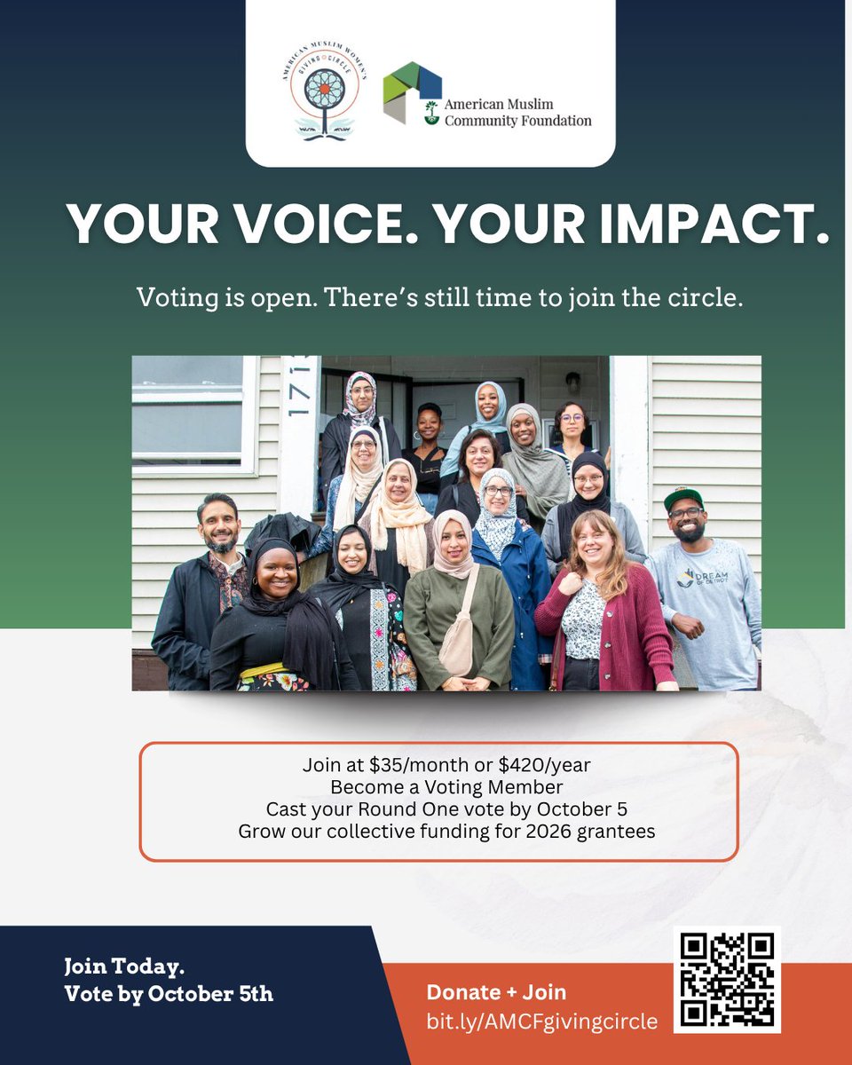AMuslimCF's tweet photo. Voting is open—and there’s still time to add your voice to the circle.
Join the circle + become a Voting Member:
https://t.co/eJ16o6Cvp8
Voting closes October 5 at 12 noon ET.

#AMCF #WomensGivingCircle #MuslimWomen #MuslimPhilanthropy #CollectiveGiving #WomenInPhilanthropy https://t.co/GecSwbDLbe