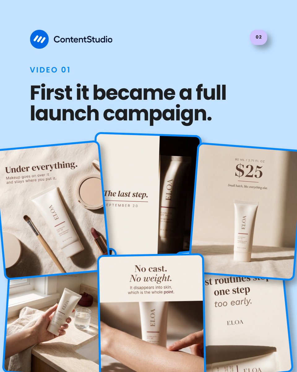 ContentStudioio's tweet photo. We gave Claude Code one product photo of a sunblock.

It came back with a launch campaign of 11 posts and five video ads, all built and scheduled through ContentStudio.

Both builds are on our YouTube:
1. https://t.co/eWXNKMEUkz
2. https://t.co/io694sr8am

#ClaudeCode #AIMarketing