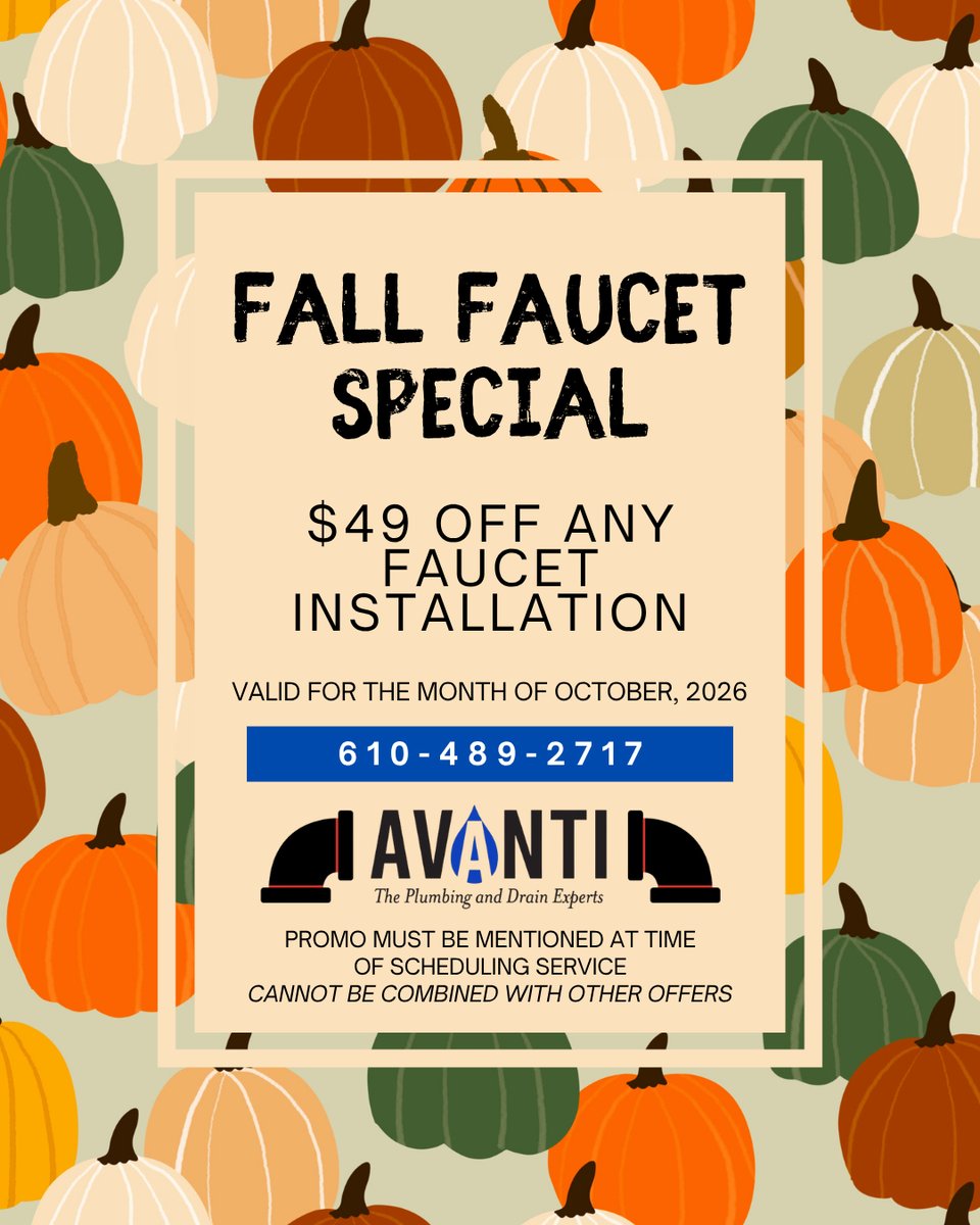 AvantiPlumDrain's tweet photo. Fall is the perfect time to give your kitchen or bathroom a little refresh. Our Fall Faucet Special takes $49 off a faucet installation, so you can swap out that drippy, dated fixture for something new. Details on the coupon.
#FallSpecial #October #Savings https://t.co/IDqTmpaw5R