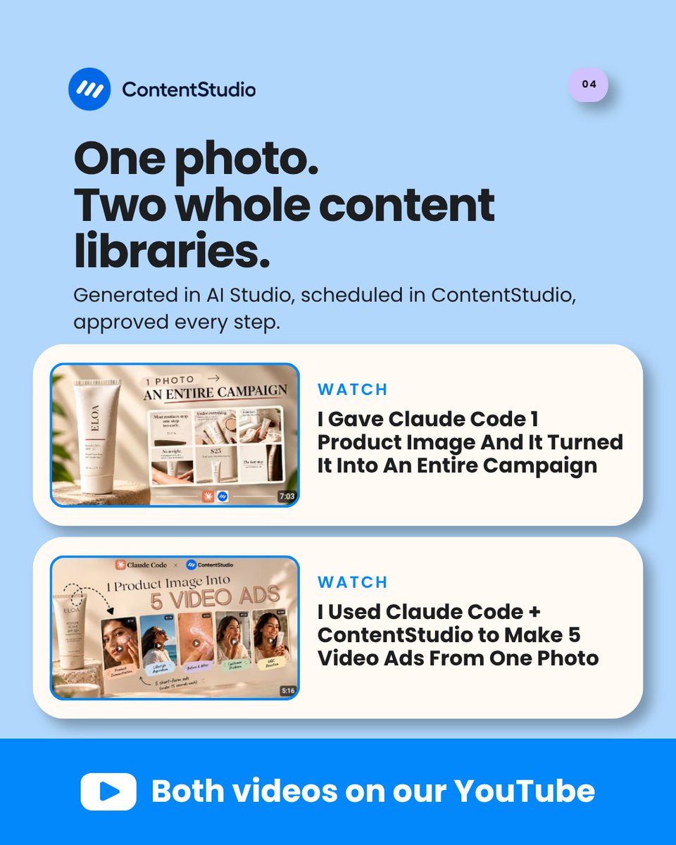 ContentStudioio's tweet photo. We gave Claude Code one product photo of a sunblock.

It came back with a launch campaign of 11 posts and five video ads, all built and scheduled through ContentStudio.

Both builds are on our YouTube:
1. https://t.co/eWXNKMEUkz
2. https://t.co/io694sr8am

#ClaudeCode #AIMarketing