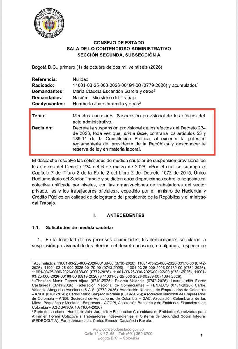 AForeroM's tweet photo. .@consejodeestado nos da la razón y suspende Decreto 234 de 2026 de Petro, que forzaba la negociación colectiva pro industria.

Usurparon funciones del congreso y trataron de sacar por la puerta de atrás disposiciones hundidas de la laboral.

En buena hora la justicia los frenó. https://t.co/PLCAqTrawk