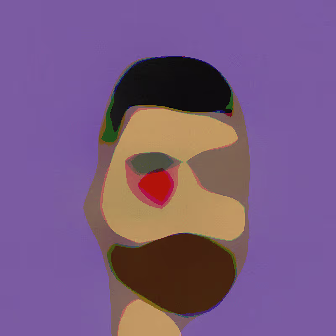 An abstract digital painting of a distorted face with exaggerated features, including a large red lip and dark shapes for eyes and hair, on a purple background.