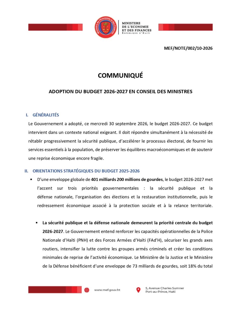 MEFHaiti's tweet photo. 𝗖𝗢𝗠𝗠𝗨𝗡𝗜𝗤𝗨𝗘́.-

Adoption du Budget 2026-2027 en Conseil des Ministres

https://t.co/OVxL8vT0fQ https://t.co/9dovVpD1De