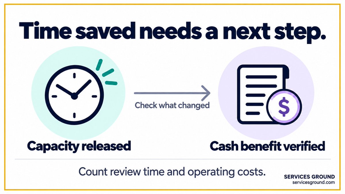servicesground's tweet photo. Hours released are capacity. Cash savings need a verified change in spending. Include review, corrections and operating costs, then measure what the team actually did with the time.
https://t.co/8PcIhUPEm1 https://t.co/TP6eCx8mMw