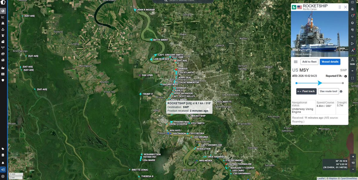 CheckRideAir's tweet photo. T+102 hours 
RocketShip is approaching Baton Rouge, LA. Already a little ways into the river portion of the trip. 
#maritime #mississippiriver #batonrouge #rocketshipping #ULARocketShip https://t.co/kyuabO0Ozt