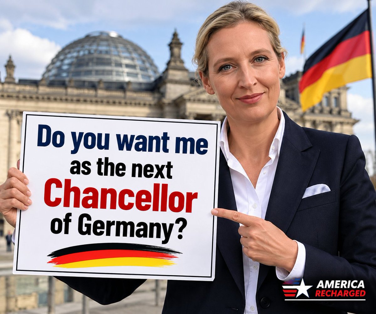 AmericaRecharge's tweet photo. 🇩🇪 Alice Weidel &amp; Germany’s Political Future

Could Alice Weidel become Germany’s next Chancellor?

A) Yes 🟢
B) No 🔴 https://t.co/5Ew5EpGOFe