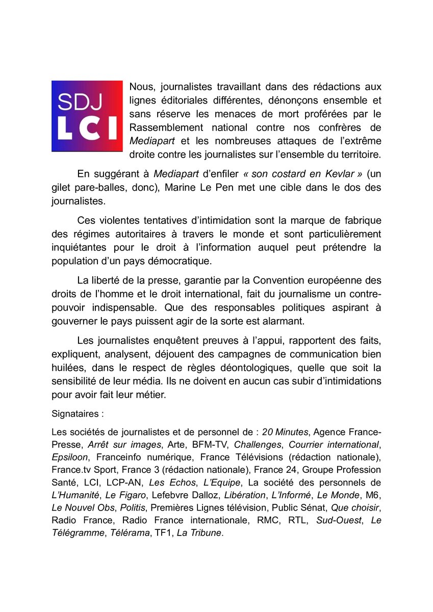 SDJdeLCI's tweet photo. Costard en kevlar" : la SDJ de #LCI s'associe aux sociétés de journalistes d'une quarantaine de rédactions pour dénoncer les menaces de mort proférées par le Rassemblement national à l'encontre de nos confrères de
@Mediapart https://t.co/hqmNvalHsO