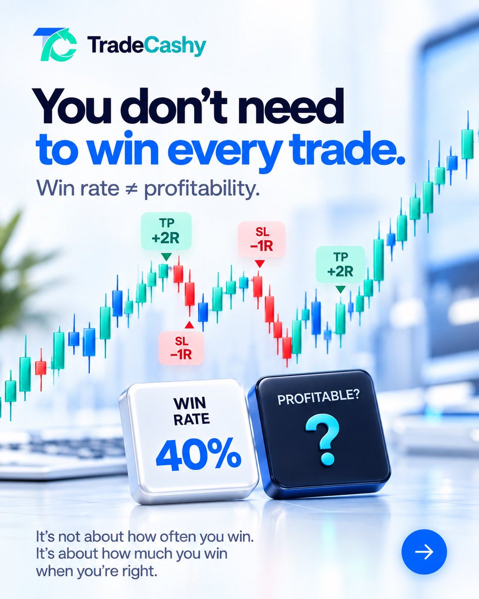 TradeCashycom's tweet photo. You don’t need to win every trade to be profitable. 📊

A high win rate looks impressive — but it doesn’t tell the whole story.

With a 1:2 risk-to-reward ratio, even a 40% win rate can produce a positive result:

4 wins × +2R = +8R
6 losses × −1R = −6R
Result = +2R 📈 https://t.co/hqiVLgeK0n