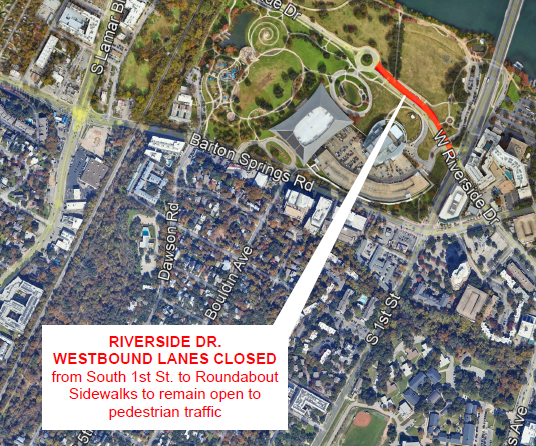 AustinWater's tweet photo. Construction halted for Austin Water W. Riverside Reclaimed Water project during ACL. Traffic controls remain in place: westbound lane on W Riverside Dr closed b/t S. 1st &amp; Roundabout for safety. Sidewalks remain open to pedestrian traffic. https://t.co/SJqRavIon6