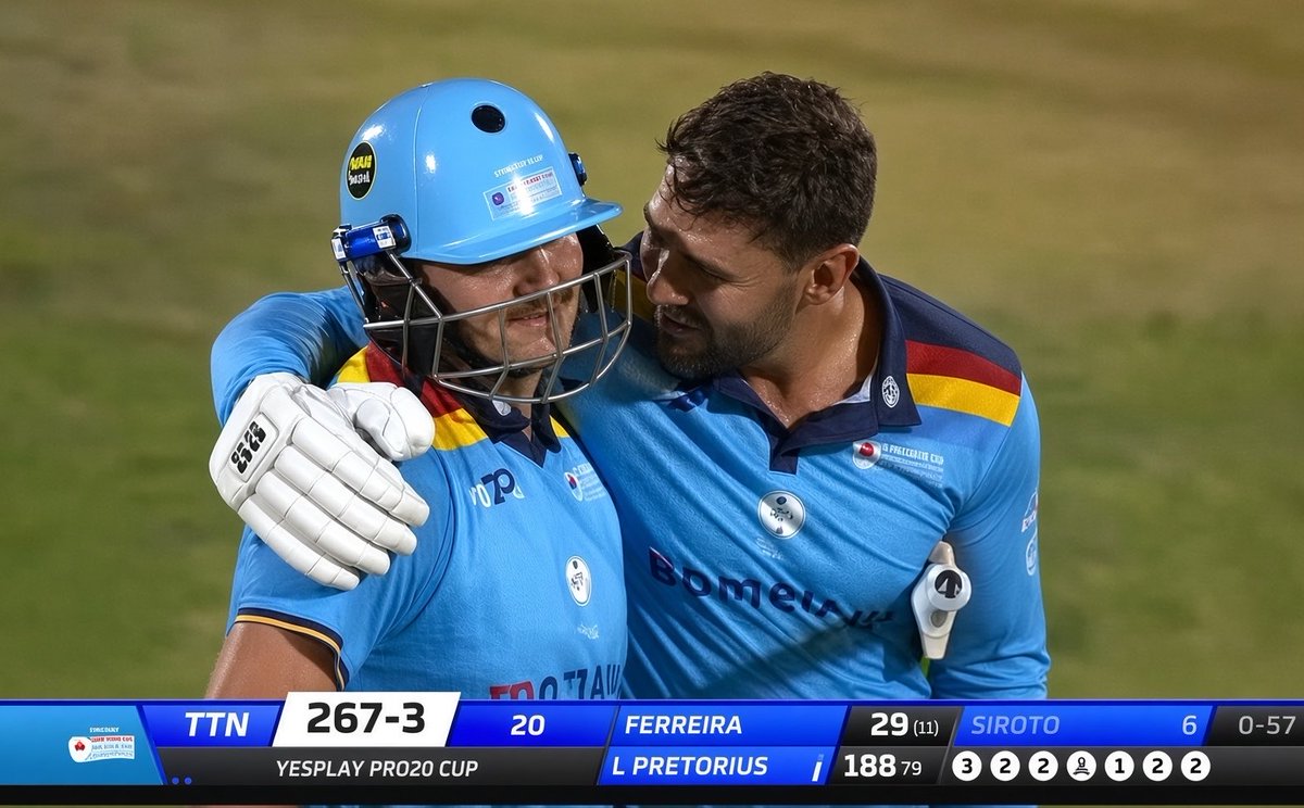 mufaddal_vohra's tweet photo. HISTORY CREATED IN SOUTH AFRICA. 

- Lhuan Dre Pretorius now holds the record of highest individual score in T20 cricket - 188* (79). https://t.co/2WJR3gpsL4