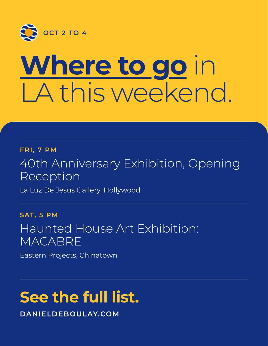 mrdeboulay's tweet photo. Events to check out in Los Angeles, this weekend.

10/2 - 10/4 https://t.co/lsc6tCZCHi